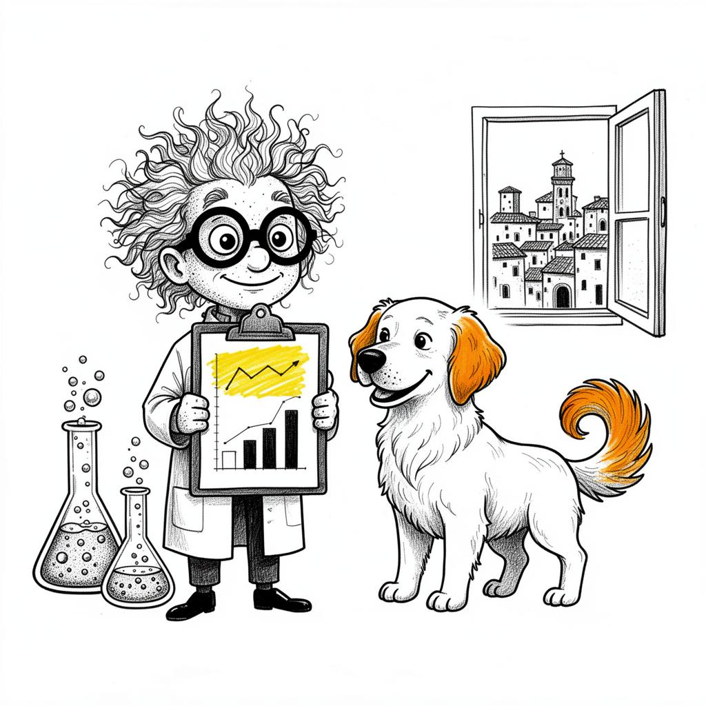 Hand-drawn illustration of a canine-behavior scientist studying a golden retriever — our story